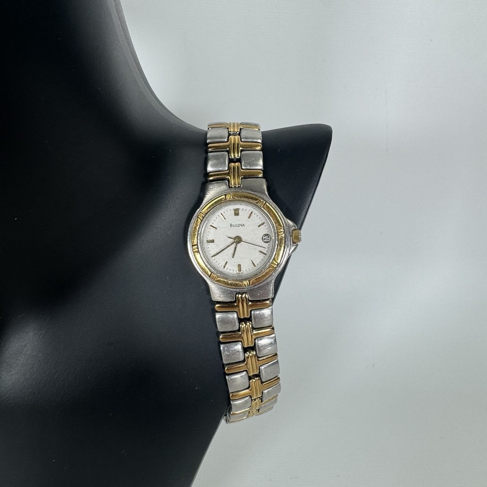 Bulova Womens Watch Two Tone Stainless Steel Date Quartz 24mm White Dial 98P00
